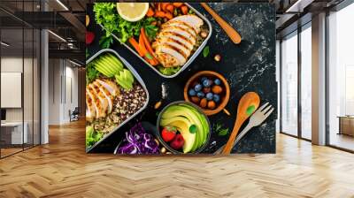 Colorful and Healthy Meal Prep with Grilled Chicken, Quinoa, and Fresh Fruits and Veggies Wall mural