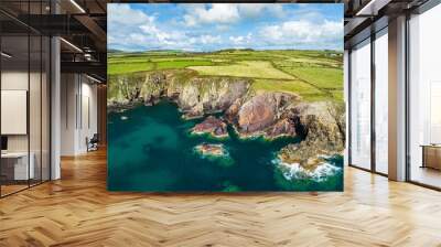 Cliffs and Fields over Porthclais from a drone, St Davids, Haverfordwest, Wales, England Wall mural