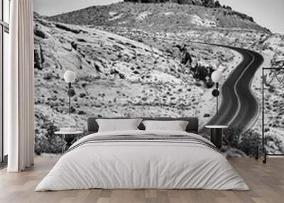 Black and white picture of a scenic desert road, travel concept. Wall mural