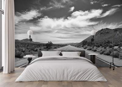 Black and white picture of the Death Valley desert road, travel concept, USA. Wall mural