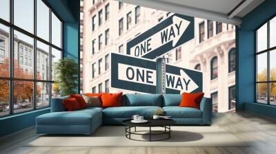 One way street arrow signs in New York City, color toning applied, USA. Wall mural