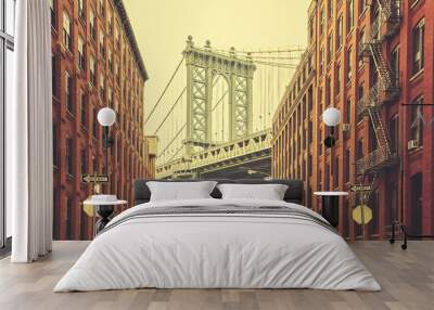 Retro stylized Manhattan Bridge seen from Dumbo, New York. Wall mural