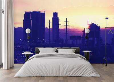 Vintage toned picture of downtown Las Vegas silhouette at sunset, USA. Wall mural