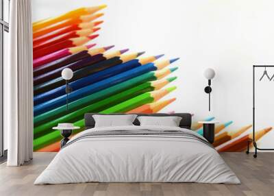 Multicolor bright color pencils diagonal wave on white background Wall mural