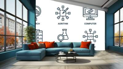 analytics outline icon set includes thin line search, aorithm, computer, computer, hours, data storage, flask icons for report, presentation, diagram, web design Wall mural