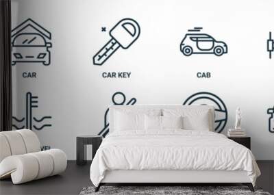 auto outline icon set includes thin line car, car key, cab, engine, empty, water level, seat belt icons for report, presentation, diagram, web design Wall mural