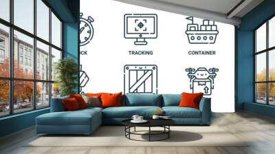 logistic outline icon set includes thin line clock, tracking, container, cart, tracking, crane, wooden icons for report, presentation, diagram, web design Wall mural