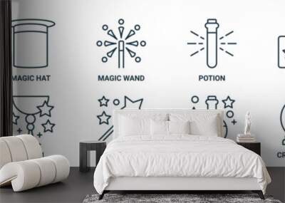 magic outline icon set includes thin line magic hat, magic wand, potion, cards, potion, potion, wand icons for report, presentation, diagram, web design Wall mural