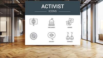 set of 10 outline web activist icons such as globe, , parliament, banner, peace, microphone, vector icons for report, presentation, diagram, web design, mobile Wall mural