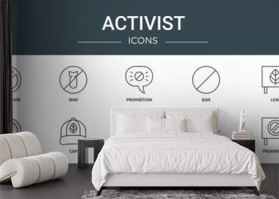 set of 10 outline web activist icons such as prohibition, war, prohibition, ban, leaf, peace, cap vector icons for report, presentation, diagram, web design, mobile app Wall mural