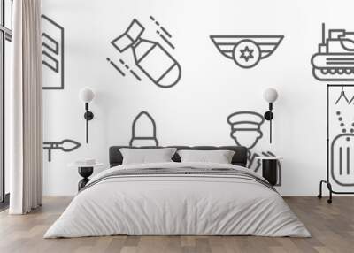 set of 12 military icons. outline thin line icons such as battleship, general, bazooka, tank, torpedo, chevron Wall mural