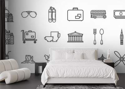 set of 24 outline web travelling icons such as trailer for travelling, taj mahal, aviator sunglasses, two aqualung, suitcase with two stickers, double decker bus, stack of bills vector icons for Wall mural