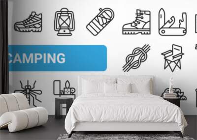 set of 27 outline web camping icons such as matches, fishing, canned food, swiss knife, chair, table, knife, campfire vector thin icons for web design, mobile app. Wall mural