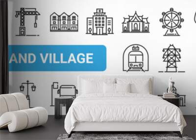 set of 27 outline web city and village icons such as factory, toilet, lighthouse, ferris wheels, electric tower, supermarket, church, police station vector thin icons for web design, mobile app. Wall mural