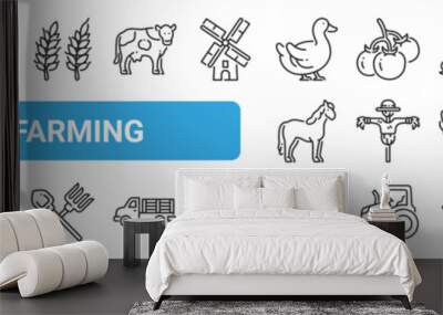 set of 27 outline web farming icons such as pests, tree, fruits, tomatoes, scarecrow, carrot, hay bale, milk tank vector thin icons for web design, mobile app. Wall mural