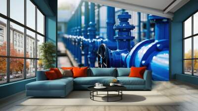 Closeup new blue taps with valve for drinking water pipeline, banner industry waterworks Wall mural