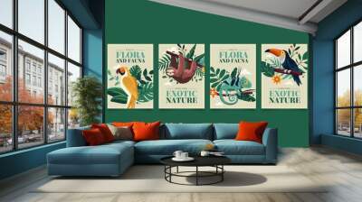 Flat exotic flora and fauna cards collection with wild animals and tropical plants Wall mural