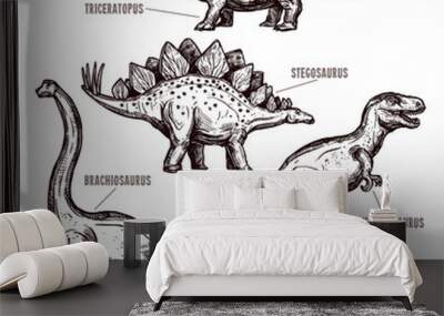 Hand drawn dinosaurs set black doodle Wall mural