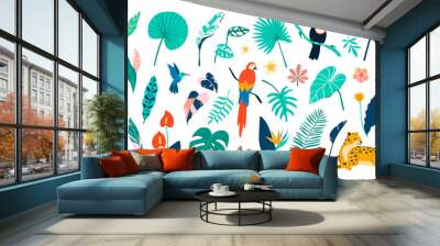 Hand drawn exotic flora and fauna illustration set with wild animals and tropical leaves Wall mural