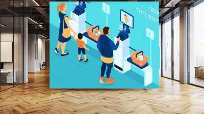 Isometric Self Checkout Supermarket Composition Wall mural