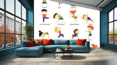 Kids Children Yoga Poses Cartoon Set. Wall mural