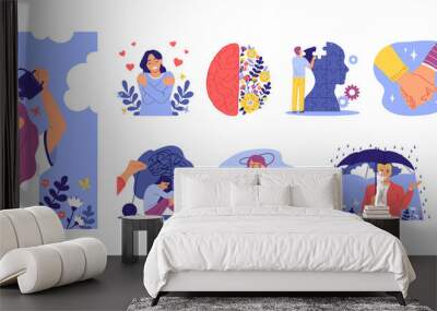 Mental health illustration and icons in flat style Wall mural