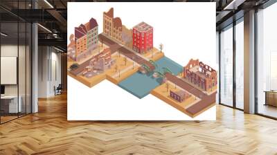 Ruined Destroyed Buildings Isometric Wall mural