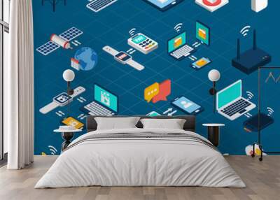 Wireless technologies isometric icons Wall mural