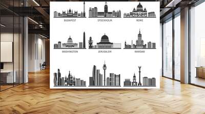 World Famous Cityscapes Black Icons Set Wall mural