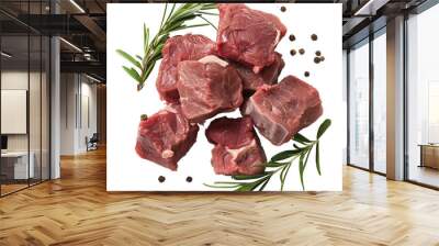 A pile of raw meats, surrounded by rosemary and black pepper on a transparent background Wall mural