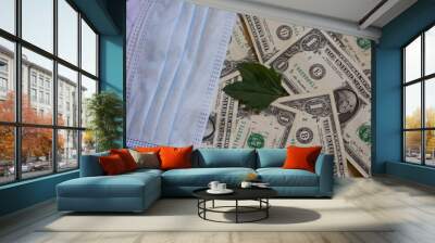  Green leaf and face mask lying on the american dollar bank note. Wall mural