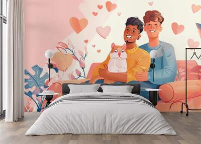 a happy gay couple with cat illustration non-traditional family pride month love diversity lgbt warm colors Wall mural