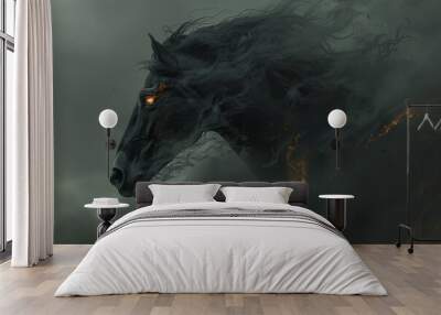 An image depicting a black horse in a context that highlights its significance in mythology or folklore, possibly as a mount for a dark knight or a creature with magical abilities - Generative AI Wall mural