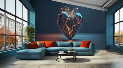 AI heart with data chips on a bokeh background. AI sentience and emotion concept with a digital painting effect. Made with generative ai technology.. Wall mural