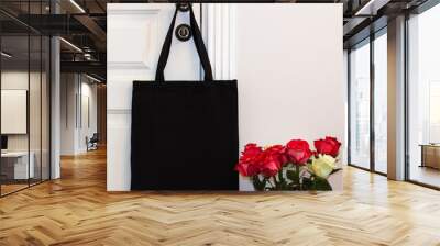 Black cotton eco tote bag, design mockup. Wall mural