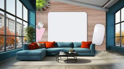 Mouse pad mockup. White mat on the table with props Wall mural