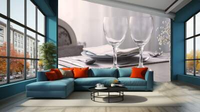 Pair of wine glasses on the wedding table, Mockup Wall mural