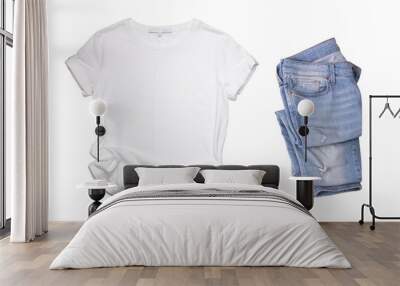 White t-shirt and blue jeans isolated on white background. Mockup for design Wall mural