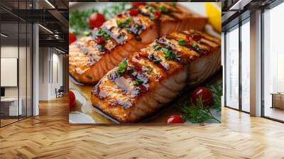 Grilled salmon with vegetables Wall mural