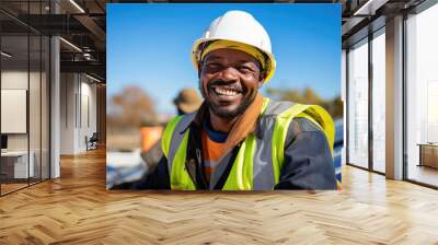 Happy African male engineer in hard hat at solar panel site professional usage in renewable energy and construction industry Wall mural