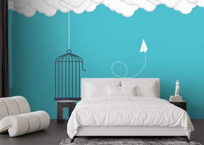 Flying paper plane and cage. Freedom concept. Emotion of freedom and happiness. Minimalist style.	 Wall mural