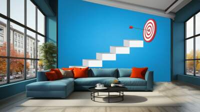 Goal, motivation to success. Climb up stairs to reach  goal target on the top. Wall mural