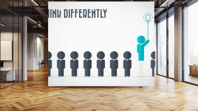 Think differently - Being different, move for success in life - flying out from the crowd by light bulb of idea  Wall mural