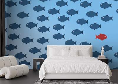 Think differently -One red unique different fish swimming opposite way of identical blue ones. Courage, confidence, success, crowd and creativity concept. EPS 10 vector illustration. Wall mural