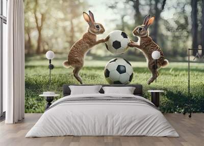 Cute rabbit playing football with a beautiful background. Wall mural