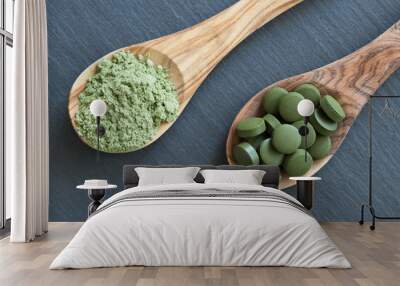 Chlorella and young barley powder on two wooden spoons Wall mural