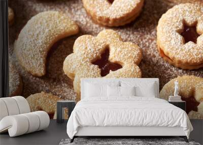 Closeup of homemade Linzer Christmas cookies filled with strawberry marmalade and dusted with sugar Wall mural