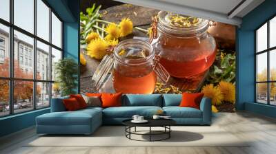 Dandelion honey with fresh dandelion flowers Wall mural