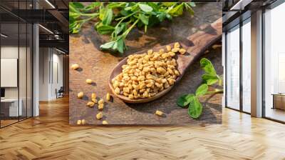 Fenugreek seeds on a spoon with fresh fenugreek plant Wall mural