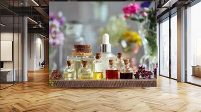 Mix of aromatherapeutic essential oil bottles with frankincense, flowers and herbs Wall mural